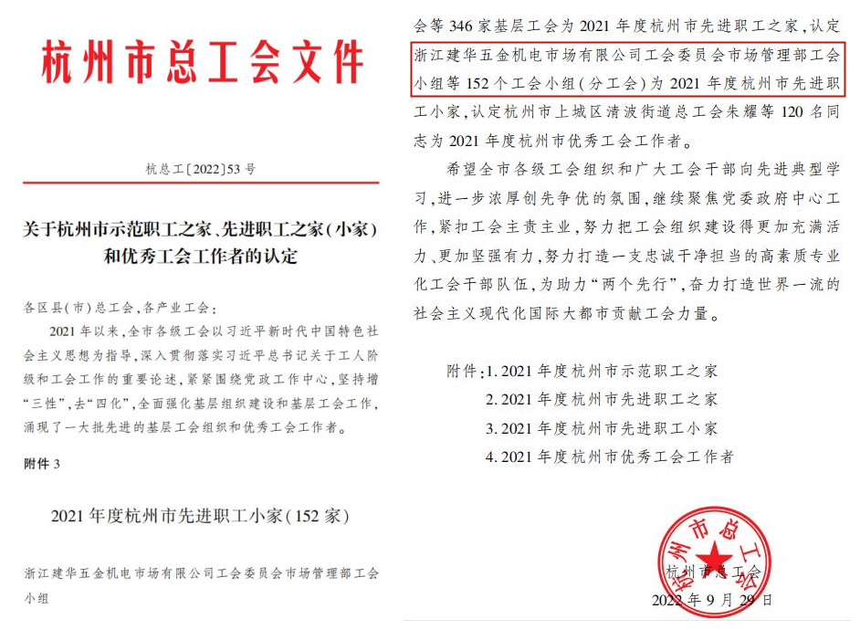 9227新葡的京集团市场治理部工会小组荣获“杭州市先进职 工小家”称呼